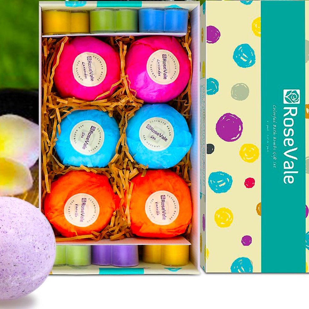 RoseVale Bath Bomb Gift Set 6 Ct + 6 Heart Candles Lavender Vanilla Sea Scents